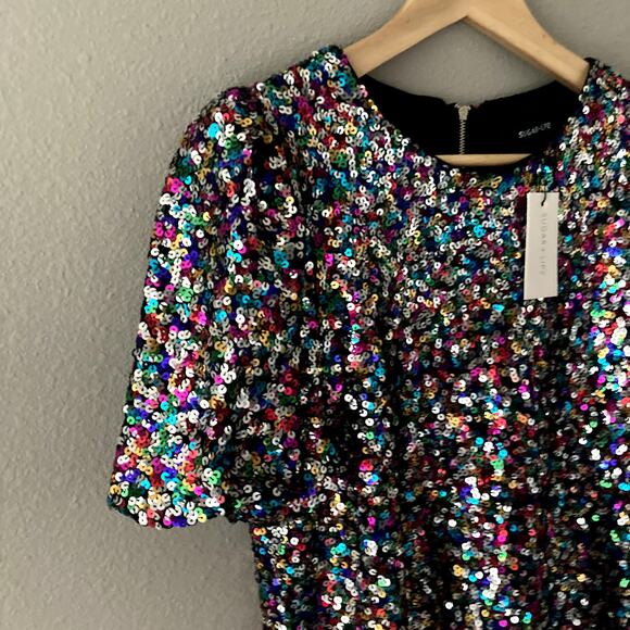 Sugar Lips NEW Sequin Bubble Sleeve Top - Neptune - Medium - Picture 2 of 10